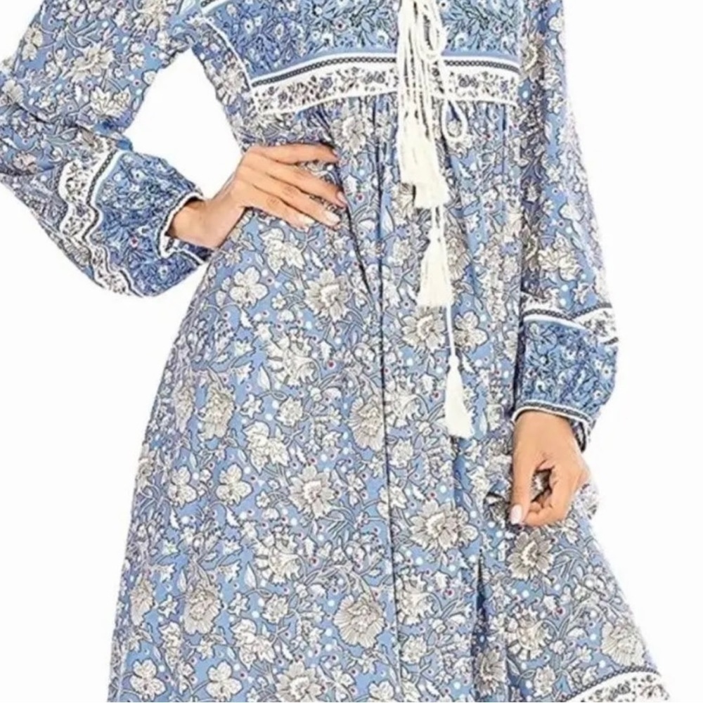 R. Vivimos Blue & White Floral Boho Print Long Sleeve V Neck with Tassels Dress - Picture 2 of 12